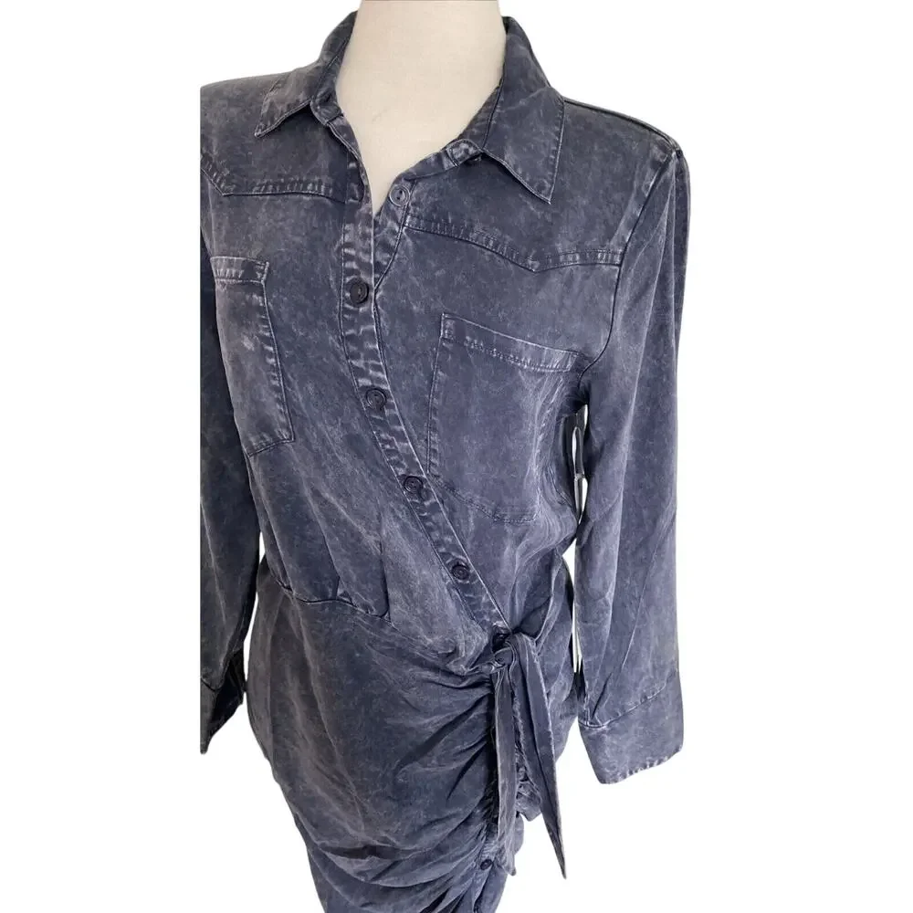 Young Fabulous & Broke Shirt Dress NWT Sz Large Tencel Ruched button front Blue